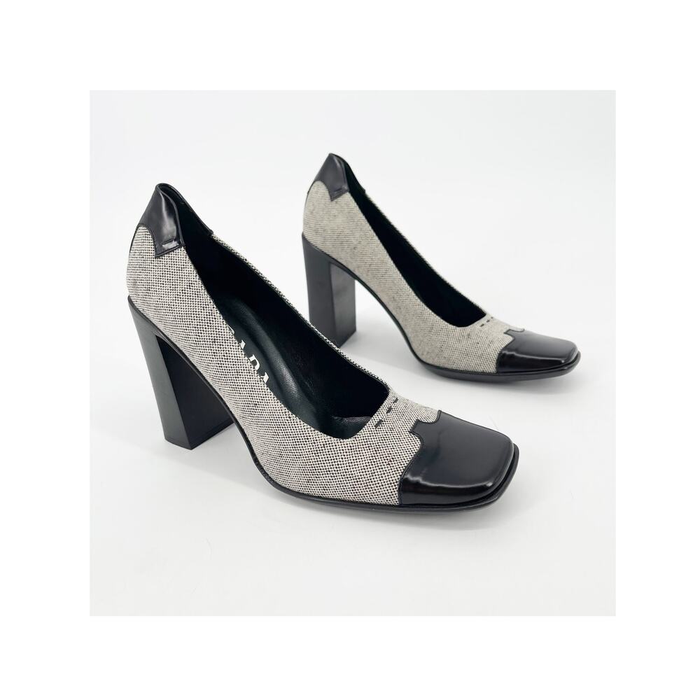 Prada Vintage 90s Black Leather Trim Gray Fabric Square Toe Block Heels IT 38